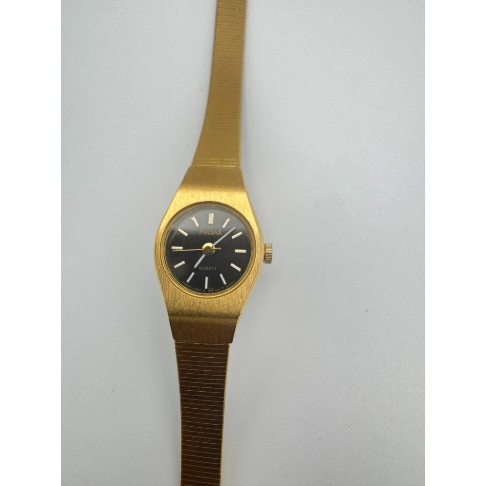 Vintage Pulsar Watch Ladies Gold Tone Black Dial NOS Working